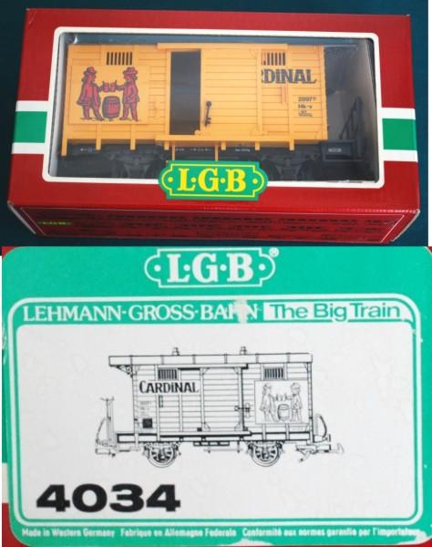 LGB 4034 Cardinal Beer Car G Scale: This Lot consists of a LGB 4034 Cardinal Beer Car in G Scale. It comes in the original box. We see no discernable wear on the vehicle or wheels and believe it to be unused. T24