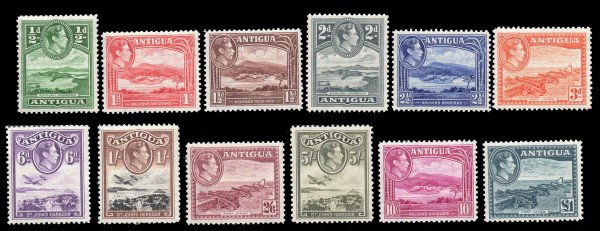 Antigua (84-95) 1938-48 1/2p-1Pd. KGVI MNH: Antigua (84-95) 1938-48 1/2p-1Pd. KGVI MNH. The stamps are never hinged and make a bright post office fresh appearance. The set has a Scott retail value of $105.