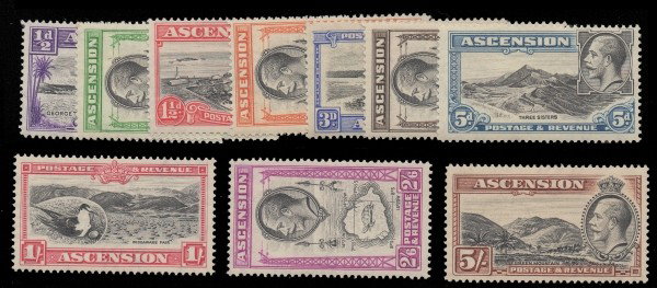 Ascension (23-32) 1934 1/2p-5S KGV MLH: Ascension (23-32) 1934 1/2p-5S KGV MLH. The stamps are hinged but nonetheless make a bright post office fresh appearance. The set has a Scott value of $160.60