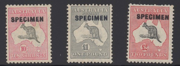 Australia (127-9)10S- 2Pd Kangaroos Specimens: Australia (127-9) 1932-1935 10S- 2Pd Kangaroos Specimens. The stamp specimens are hinged but nonetheless make a bright post office fresh appearance. The specimen issues are listed in Stanley Gibbons.