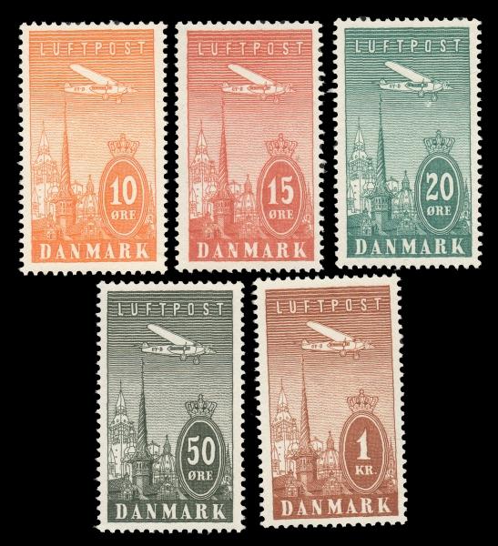 Denmark (C6-10) 1934 Airmails MNH: Denmark (C6-10) 1934 Airmails MNH. Post office fresh - hard to find this nice. The set has a Scott retail value of 42.50.