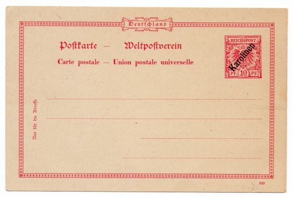 Germany Caroline Isles 10pf. Postal Card P5: Germany Caroline Islands 10pf. Postal Card Michel P5. This is a card that is the rare variety without the watermark and we estimate the Michel value at $1200. Scarce item missing from most collections
