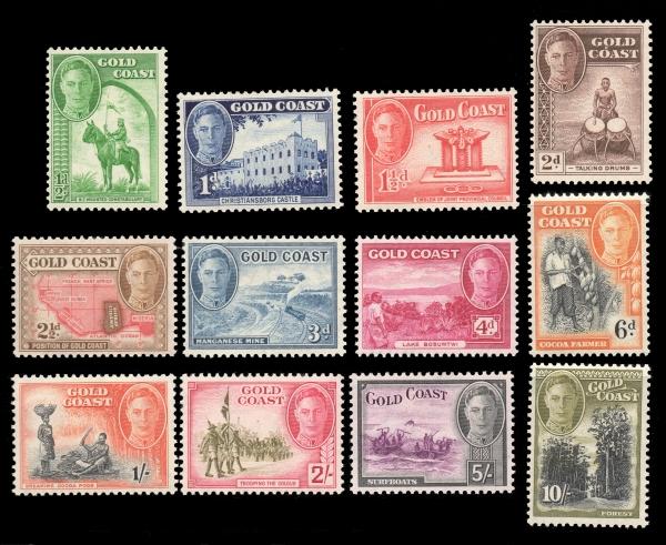 Gold Coast (Scott 130-141) 1/2p-10/ KGVI MLH: Gold Coast (Scott 130-141) 1/2p-10/ KGVI MLH. The stamps were issued during 1948 towards the end of King George VI reign. The has a Scott retail value of 59.95 for Never Hinged but it is nonetheless a