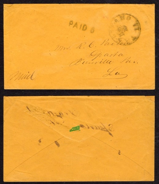CSA Louisiana Paid 5 Cents Cover: Confederate Louisiana Paid 5 Cents Cover. We are not able to make out the circular date cancel on the buff Civil War era cover. The cover has a provisional hand stamp Paid 5 cents. There is no letter 