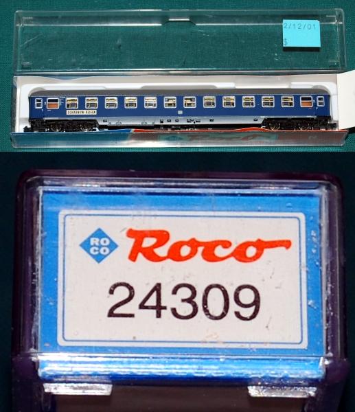 DB Scharnow-Reisen Coach Roco 44903 N Scale: DB Scharnow-Reisen Coach Roco 44903 N Scale. The car is in the original box and packing. We note that the model features Rapido style couplers. The model included in the lot features the markings DB S