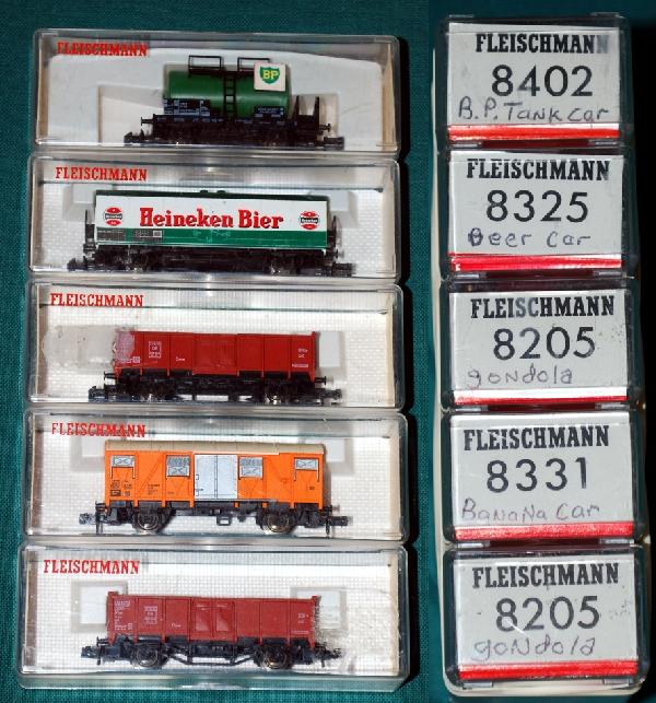 5 European Goods Cars Fleischmann N Scale: 5 European Goods Cars Fleischmann N Scale. The cars are in the original boxes and packing. We see that Rapido Couplers are installed on the models. The cars appear to be lightly used - we see some sli