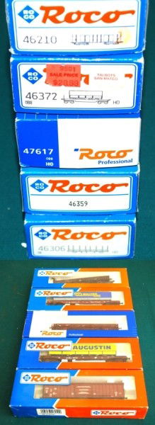 5 Goods Cars Roco HO Scale: 5 Goods Cars Roco HO Scale. The cars appear to be in the original boxes and packing. We see European style couplers on the model. We see two different styles of European couplers installed on the mode