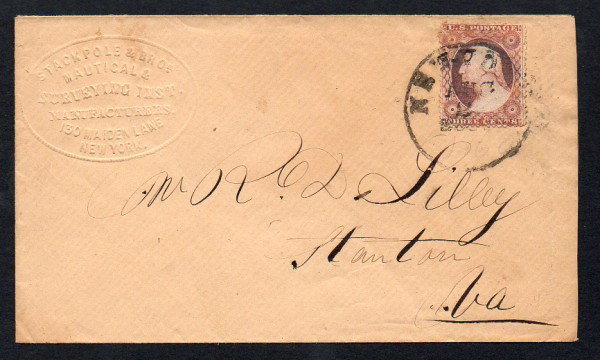 US (26) to CSA Brigadier Gen. Robert D Lilley: United States (Scott 26) Cover addressed to Confederate States of America Brigadier General Robert Doak Lilley. He served in most of the leading battles in the Army of Northern Virginia and led a brig