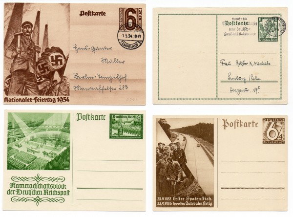 Germany 3rd Reich Postcard Selection: Selection of 3rd Reich Postcards. This nice grouping of four postcards from the Third Reich feature a photo postcard of Adolph Hitler at what appears to be the ground breaking of the Autobahn.