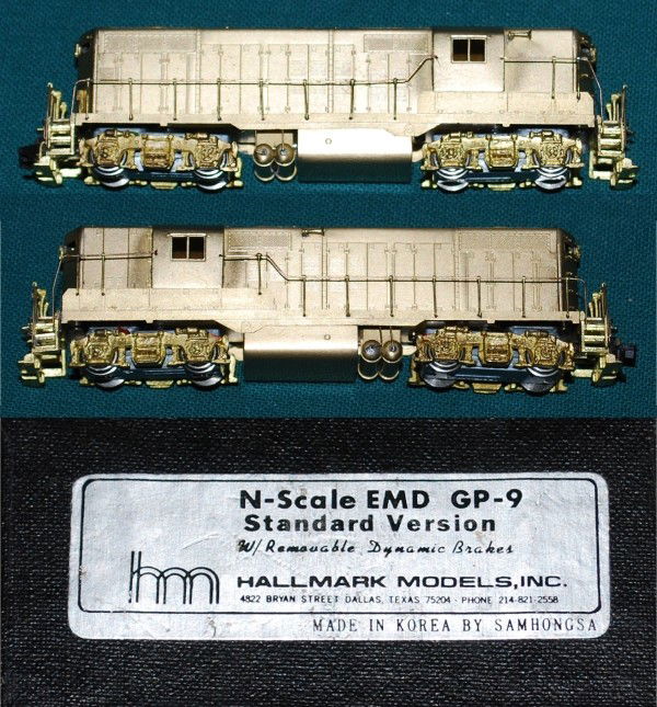 EMD GP-9 Hallmark Brass N UP: EMD GP-9 Hallmark Brass N-Scale Standard Version with removable dynamic brakes unpainted. An EMD GP9 is a four-axle diesel locomotive built by General Electric Electromotive Division in the United Sta