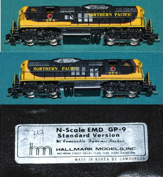 Northern Pacific EMD GP-9 Hallmark Brass N CP: Northern Pacific #274 EMD GP-9 Hallmark Brass N-Scale Standard Version with removable dynamic brakes custom painted. An EMD GP9 is a four-axle diesel locomotive built by General Electric Electromotive