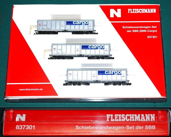 3 Sliding Wall Wagons Fleischmann Set N-Scale: 3 Sliding Wall Wagons Fleischmann Set 837301 N-Scale. These Switzerland Sliding Wall Wagon Cars are from the SBB railroad and from Era V. The set comes in original packaging and all appear to be unuse