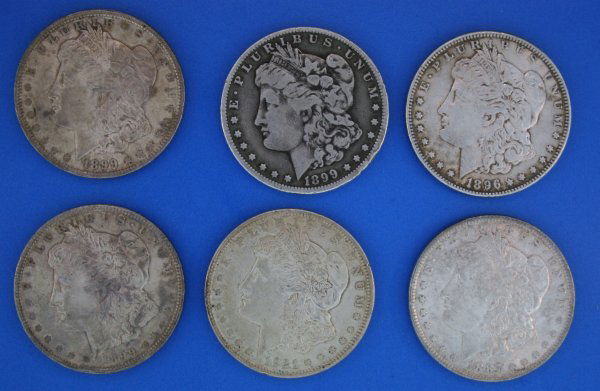 Mixed Date morgan silver dollars: 6 coin lot, VF-AU 1896, 1887, 1921, 1899o (x3)