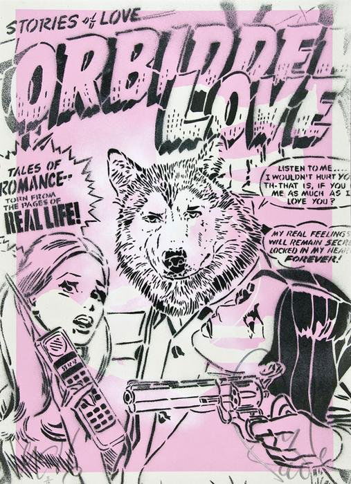 Faile 'forbidden love': Faile (American). Forbidden Love, silkscreen printed in colours, 2006, signed in pencil, numbered 3/10, published by Pictures on Walls, London, with their blindstamp, the full sheet printed to the edg