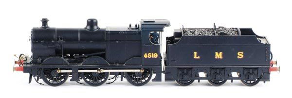 L.M.S. Class 4F 0-6-0 tender locomotive: A modified Lima L.M.S. Class 4F 0-6-0 tender locomotive, 4519, repainted black livery, electric motor, fitted with replacement or super-detailed chimney, dome, whistle, smokebox door, backhead, brakes