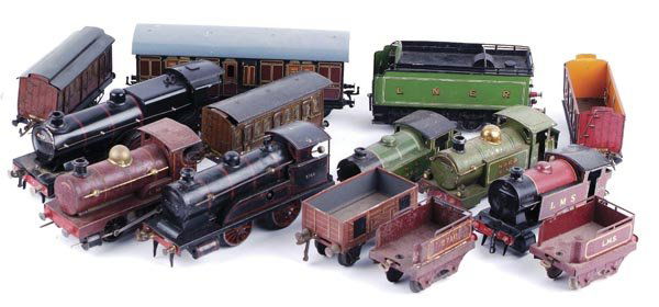 Assorted O gauge items: A Bassett-Lowke B.R. Standard Compound 4-4-0 tender locomotive, 41109, lined black livery, electric motor, unboxed, (lacking tender, dented around chimney); a Bing 0-4-0 tender locomotive, 3741, lined