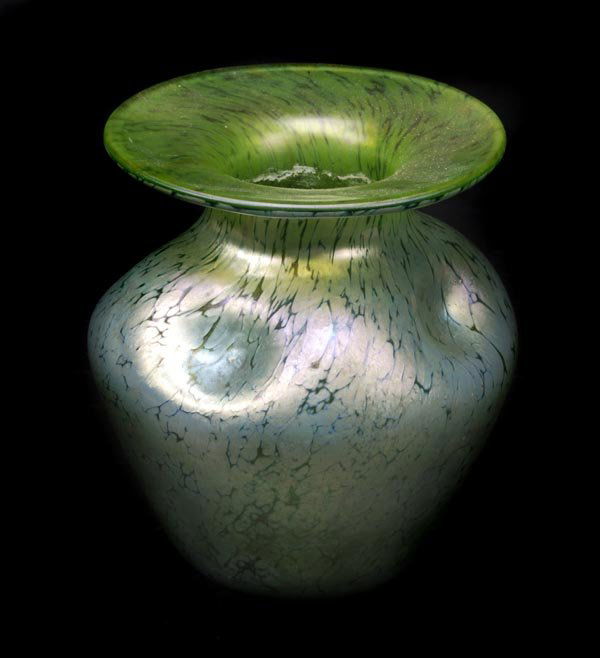 A Loetz Papillon green glass vase, ovoid with anev: Signed: A Loetz Papillon green glass vase, ovoid with aneverted rim and with dimpled shoulders, coveredin splashed golde