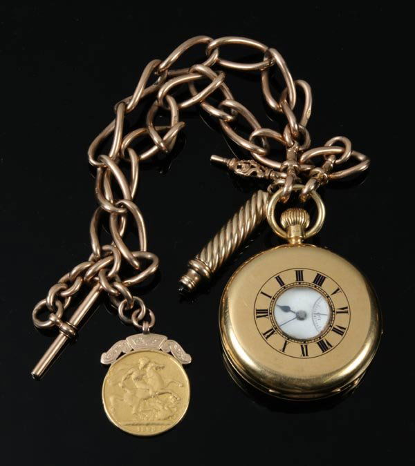 John Bennett, 35 College Green, Bristol, an Edward: John Bennett, 35 College Green, Bristol, an Edwardian 18 carat gold half hunter pocket watch, Birmingham 1908, no. 274358, the five