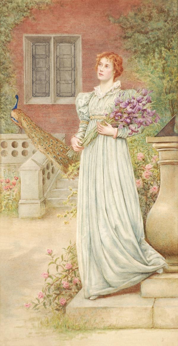 John William Gott (late 19th century) A lady carry: John William Gott (late 19th century) A lady carrying a bunch of irises on a terrace, Watercolour, Signed and dated '99 lower right, 35.5 x 19cm (14 x 7 1/2in)(1)