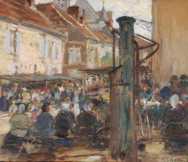 Antoine Villard (1867-1934) Busy street scene, oil: Antoine Villard (1867-1934) Busy street scene, oils on board, Signed and dated 1909 lower right, 37 x 45cm (14 1/2 x 17 3/4in)(1)