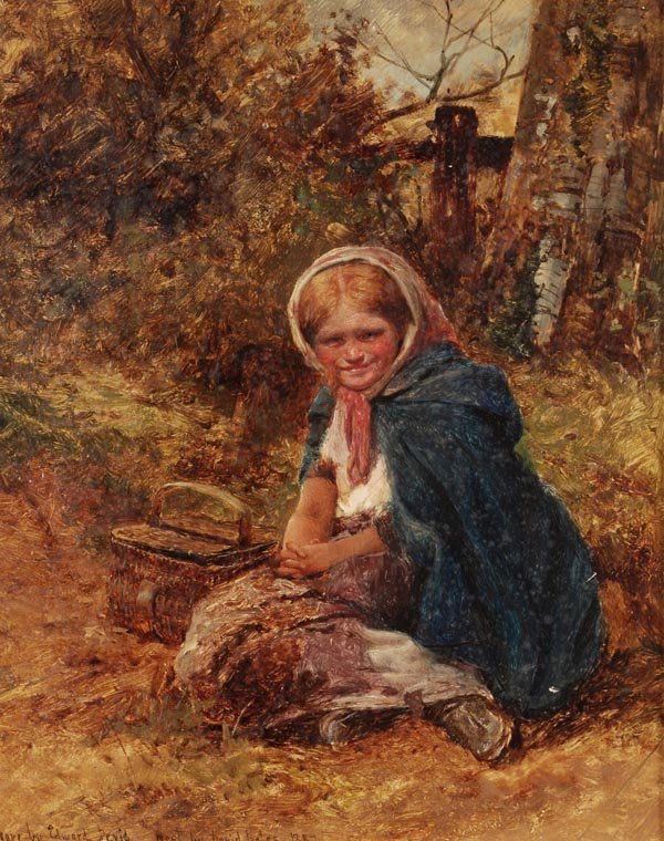 Edward Thompson Davis (1833-1867) & David Bate: Edward Thompson Davis (1833-1867) & David Bates (1840-1921) A young girl resting by a path, oil on panel, Signed, inscribed and dated Figure by Edward Davis, Rest by David Bates 1887 lowe