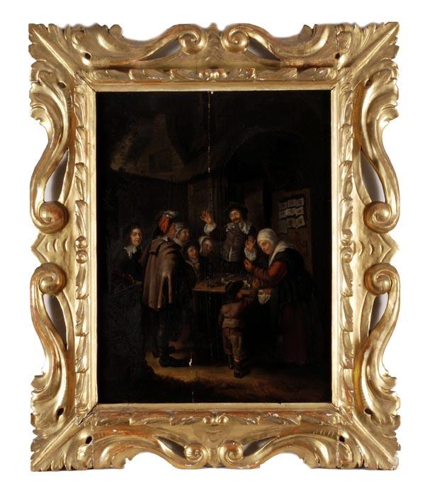 After Frans van Mieris the Elder The c: After Frans van Mieris the Elder The charlatan, a quack selling his wares Oil on panel Bears inscription on reverse 47.5 x 36 cm (18 3/4 x 14 1/8 in) 
