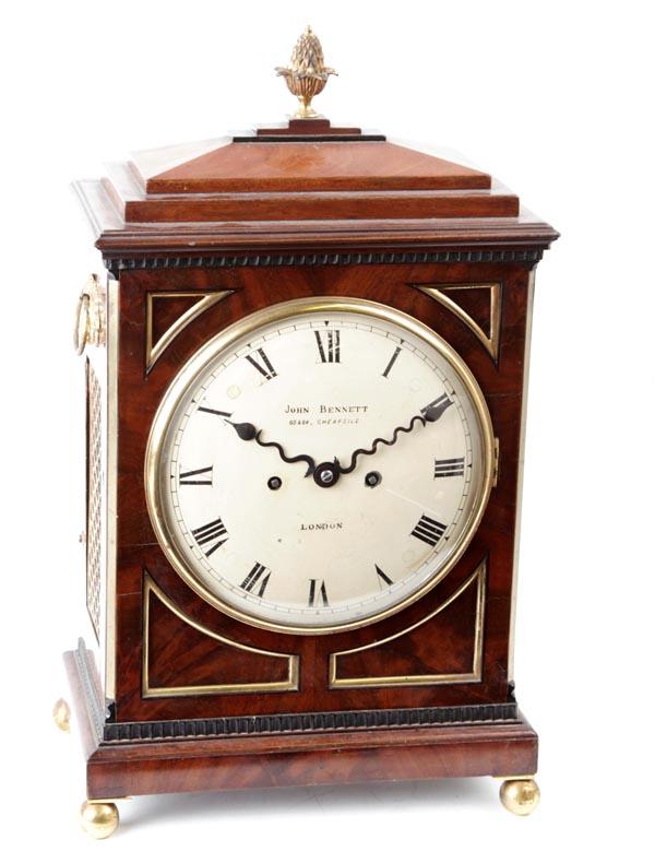 A Regency brass mounted mahogany bracket clock, B: A Regency brass mounted mahogany bracket clock, Bearing signature for John Bennett, London, early 19th century. The five pillar twin fusee bell striking movement with anchor escapement and u