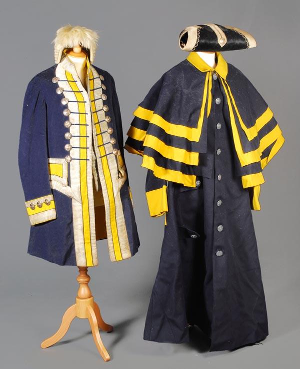 A coachman's livery 'Mr John Davis - Coachman to t: A coachman's livery 'Mr John Davis - Coachman to the Marquis of Camden' bearing the tailor's label of Wilkinson and Sons of Maddox Street, London, the blue cloth with yellow trim, and silver