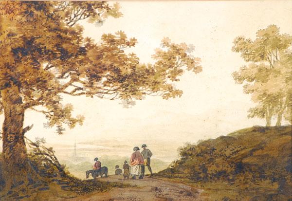 Circle of William Payne. Figures outside a cottage: Circle of William Payne. Figures outside a cottage. Travellers in a landscape. Two, watercolours. The larger 17.5cm x 24.5cm (7in x 9 3/4in). Together with a watercolour of a coastal scene by