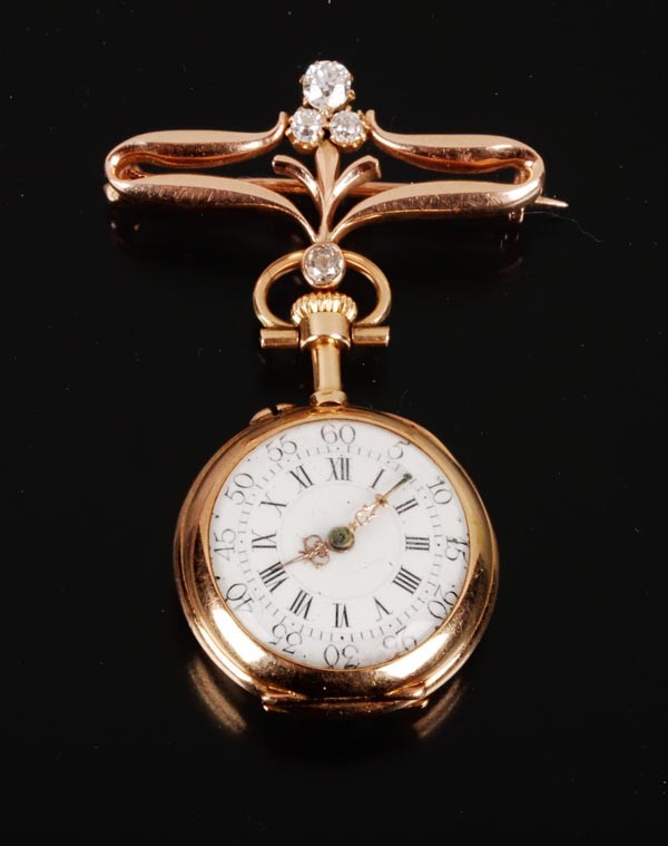 V. Danoux, 113 Palais Royal, Paris, a French gold: V. Danoux, 113 Palais Royal, Paris, a French gold and diamond fob watch and fob brooch, circa 1900, ref. 4637, the four piece hinged case with white enamel dial, Roman numerals and Louis hand