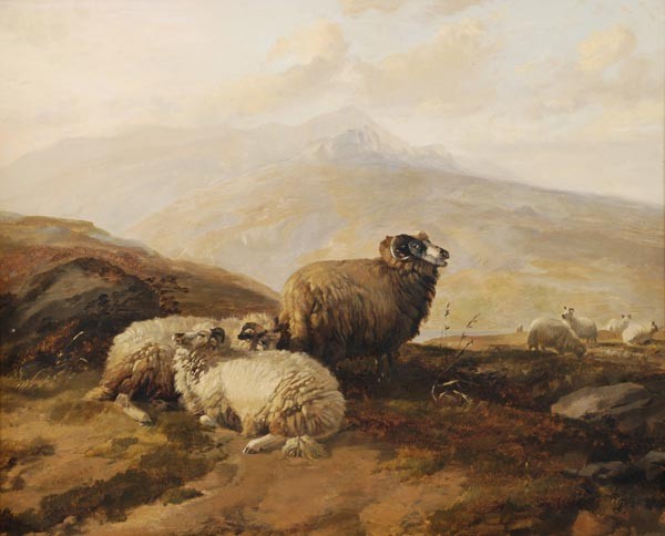 Circle of Thomas Sidney Cooper, Mountain sheep, oi: Circle of Thomas Sidney Cooper, Mountain sheep, oil on board, Bears signature and date lower left, 41 x 52cm (161/4 x 201/2in)