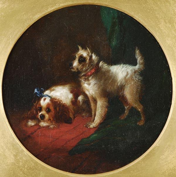 Follower of Sir Edwin Landseer, A Terrier and a Ki: Follower of Sir Edwin Landseer, A Terrier and a King Charles Spaniel, oil on canvas, Circular, 23cm (9in) diameter