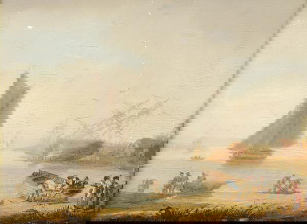 Circle of Thomas Luny, Beach scene with figures an: Circle of Thomas Luny, Beach scene with figures and boats, oil on panel, Bears a signature and date lower left, 25 x 35cm (93/4 x 133/4in)