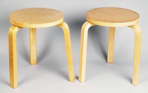 Alvar Aalto, two laminated no. 60 stools, unmarked: Alvar Aalto, two laminated no. 60 stools, unmarked, 44cm high