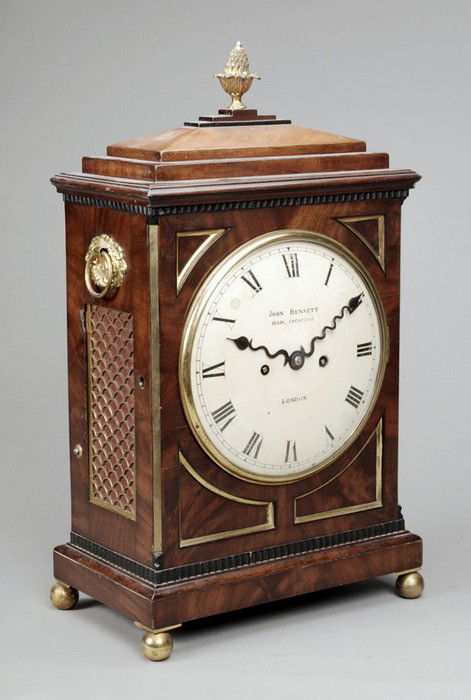 A Regency brass mounted mahogany bracket clock, be: A Regency brass mounted mahogany bracket clock, bearing signature for John Bennett, London, early 19th century, the five pillar twin fusee bell striking movement with anchor escapement and un