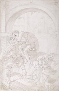 Circle of Lodovico Carracci (Bologna 1555-1619) A: Circle of Lodovico Carracci (Bologna 1555-1619) Aeneas, Anchises and Ascanius Fleeing from Burning Troy Pen, ink and wash Unframed Bears signature on mount 41 x 26.4 cm (16 1/8 x 10 3/4 in)