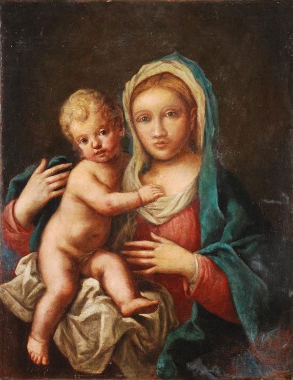 Manner of Giuseppe Angeli Madonna and Child Oil o: Manner of Giuseppe Angeli Madonna and Child Oil on canvas Unframed 73 x 57 cm (28 3/4 x 22 1/2 in) Condition report: Unframed, Old relinging, retouching and repainting throughout