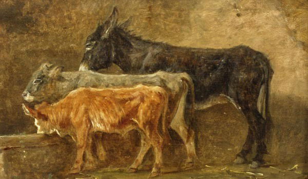 Attributed to László Mednyánszky (1852-1919) Donk: Attributed to László Mednyánszky (1852-1919) Donkeys and cattle in stables A pair, oil on panel Each 14 x 23 cm (5 1/2 x 9 in) (2) Provenance The Collection of Leopold Ringwald. Mednyansz