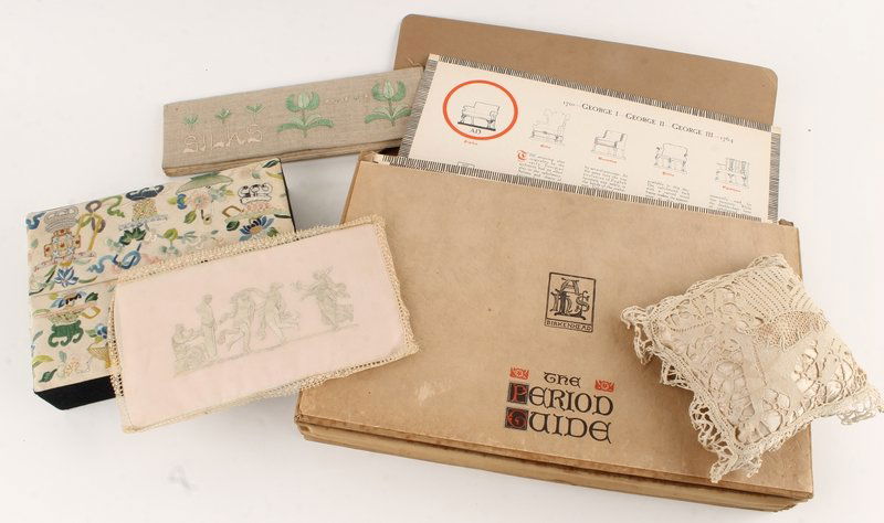 The Period Guide. An early 20th century guide to t: The Period Guide. An early 20th century guide to the history of interiors, contained in cardboard folio, with a compartment for each aspect of textiles and furnishings from the 16th century