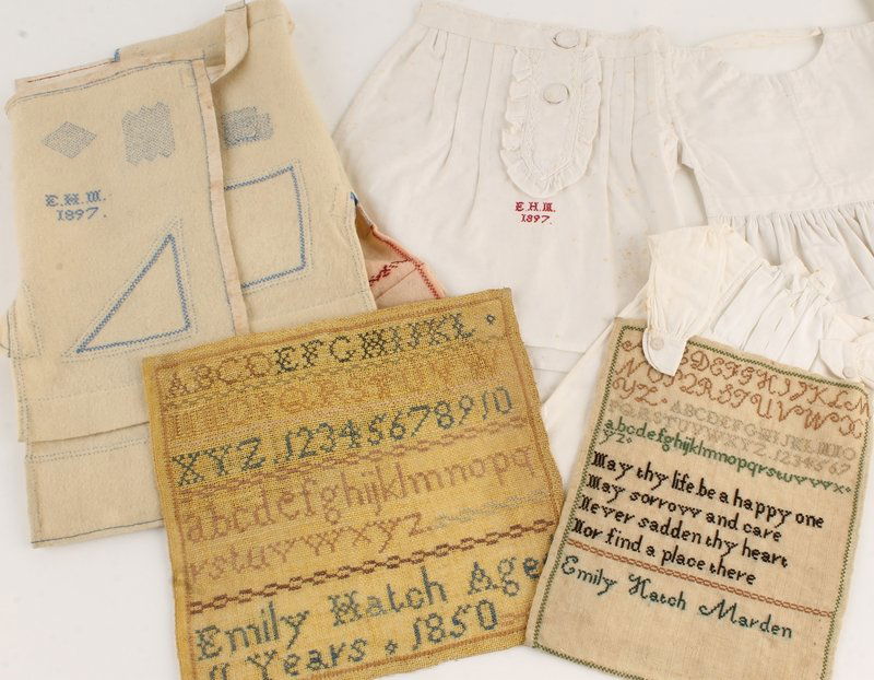 A collection of small samplers, embroidery and nee: A collection of small samplers, embroidery and needlework, including a sampler by Emily Hatch 1850; a later sampler also by Emily Hatch Marden; three miniature nightshirts, and a similar garm