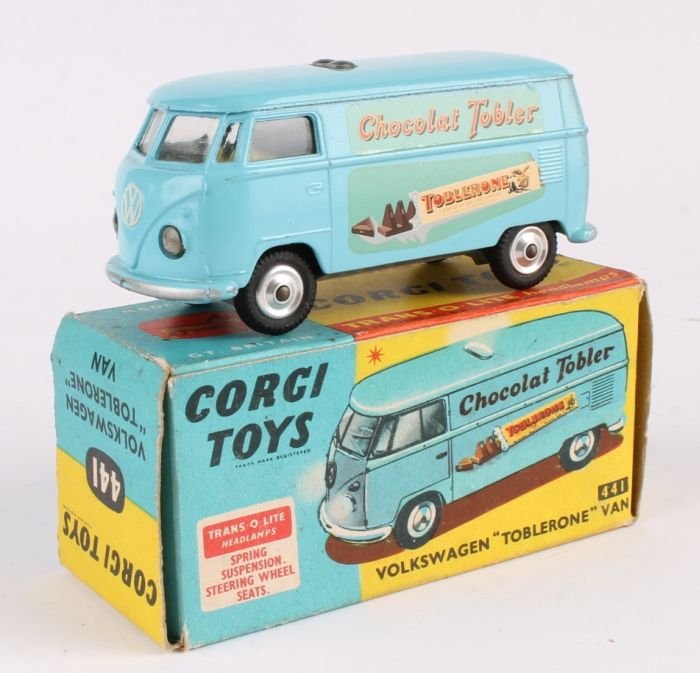 A Corgi No.441, Volkswagen Van 'Toblerone', pale b: A Corgi No.441, Volkswagen Van 'Toblerone', pale blue, near mint (paint thinly sprayed along rear nearside corner), boxed, the box good.