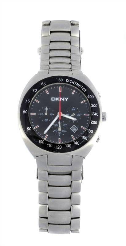 DKNY, a gentleman's stainless steel chronograph br: DKNY, a gentleman's stainless steel chronograph bracelet wristwatch, circa 2000, ref. NY 5063 no. 340406, the two piece screw down case with black tachymeter bezel, black dial, red baton nume