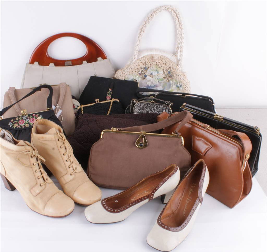 A quantity of vintage evening and day bags; togeth: A quantity of vintage evening and day bags; together with leather and suede gloves; a collection of corded, cloth and leather handbags, circa 1930s-1950s; a pair of 1970s Italian cream canvas boots; a