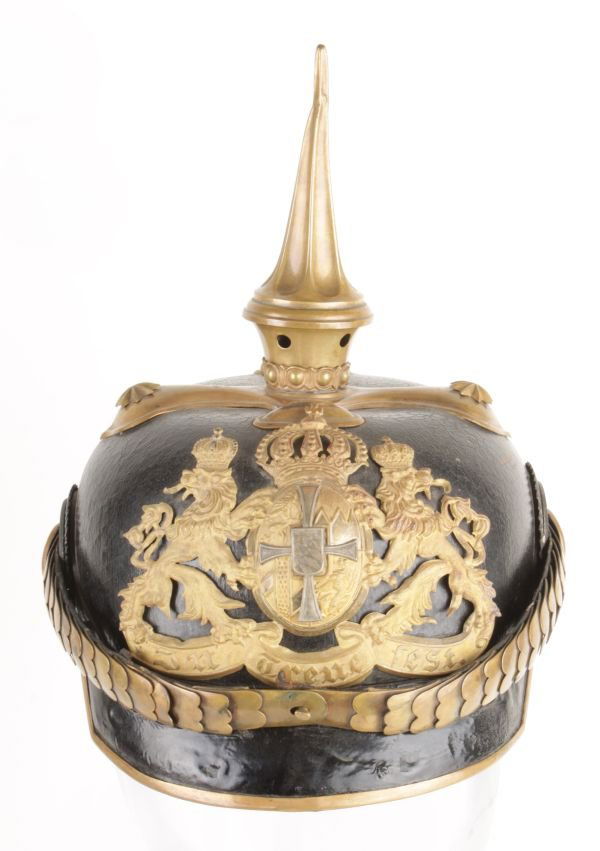 A Rare Imperial German-Bavarian Senior Non Commiss: A Rare Imperial German-Bavarian Senior Non Commissioned Officer or an Officer of Reserve, Chevauyleger, Leather Picklehaube, with gilt brass fittings, including helmet plate and scaled chin-strap, wit