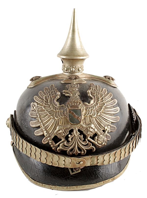An Imperial German-Prussian Infantry Officer's Pic: An Imperial German-Prussian Infantry Officer's Picklehaube, black leather skull with silvered-grey fittings, including helmet plate, cruciform-spike and chin-scales, complete with leather liner.