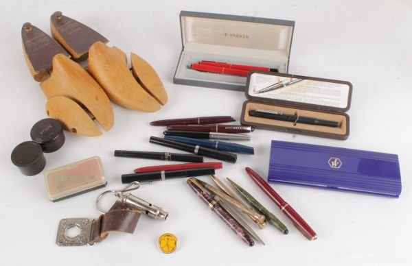 A box of vintage wooden shoe trees; together with - 3