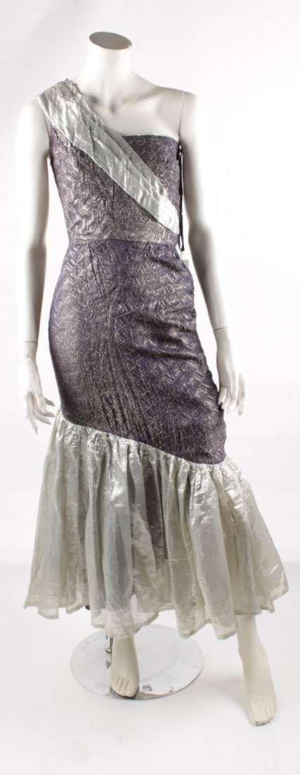 A 1930s mauve and silver lame bias cut evening dre
