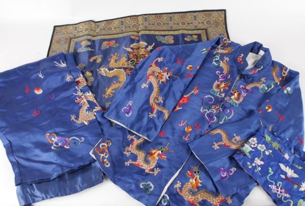 A pair of Chinese embroidered blue pyjamas; a wed - 2