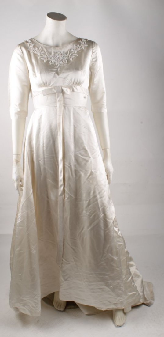 A 1940s ivory satin wedding dress; together with