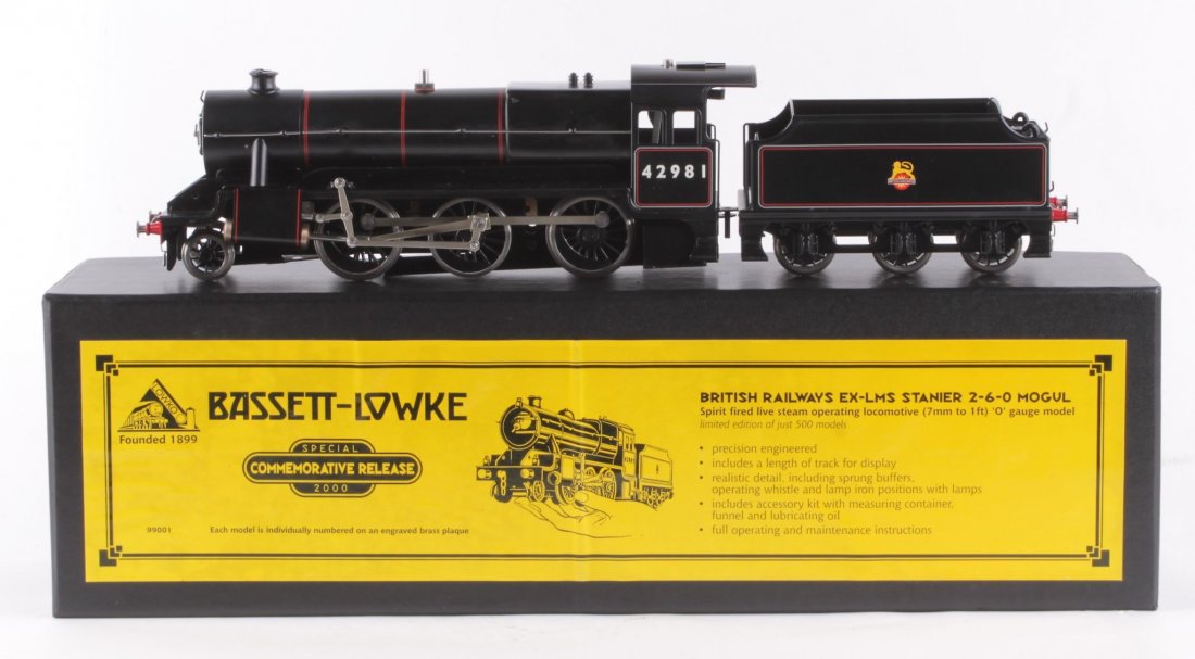 O gauge - A live-steam Bassett-Lowke No.99001,: O gauge - A live-steam Bassett-Lowke No.99001, 'Special Commemorative Release 2000' B.R. (Ex-L.M.S.) Stanier 2-6-0 mogul tender locomotive, spirit-fired, limited edition 210/500, boxed.